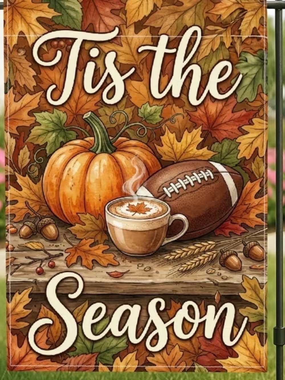 Festive fall garden flag featuring a pumpkin, coffee cup and football design.